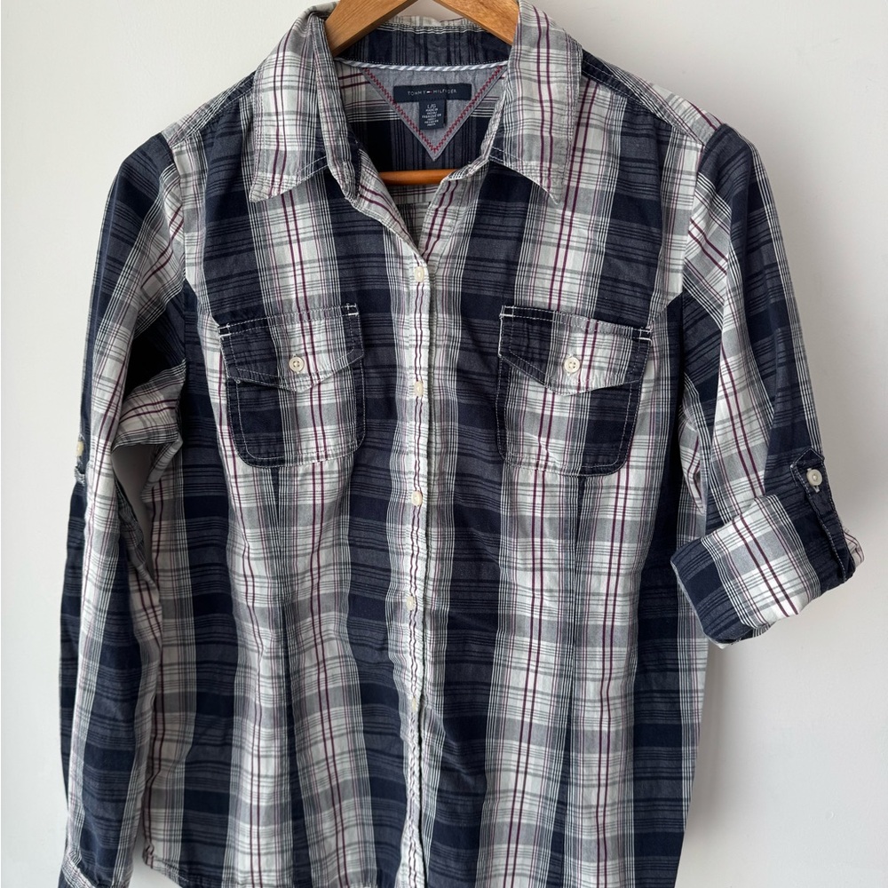 Tommy Hilfiger Women's Navy, White, and Red Plaid Button-Down Shirt